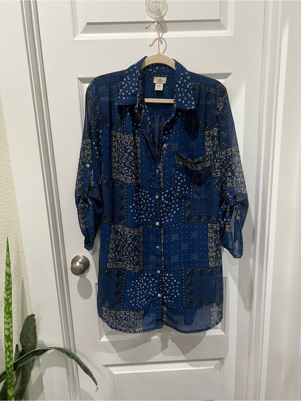 Blue Patterned Sheer Button-Up Tunic
